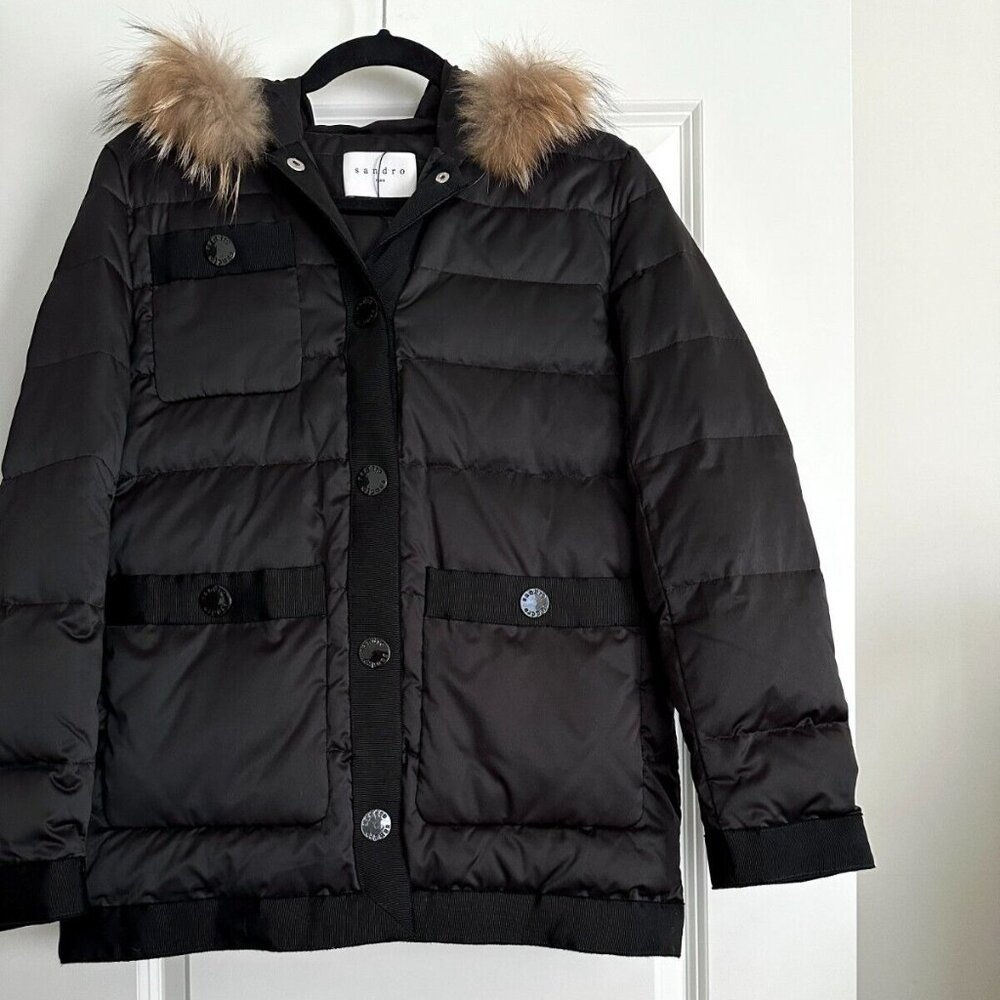 SANDRO PARIS Kacie Black Down Fur Trim Hooded Puffer Coat Size S